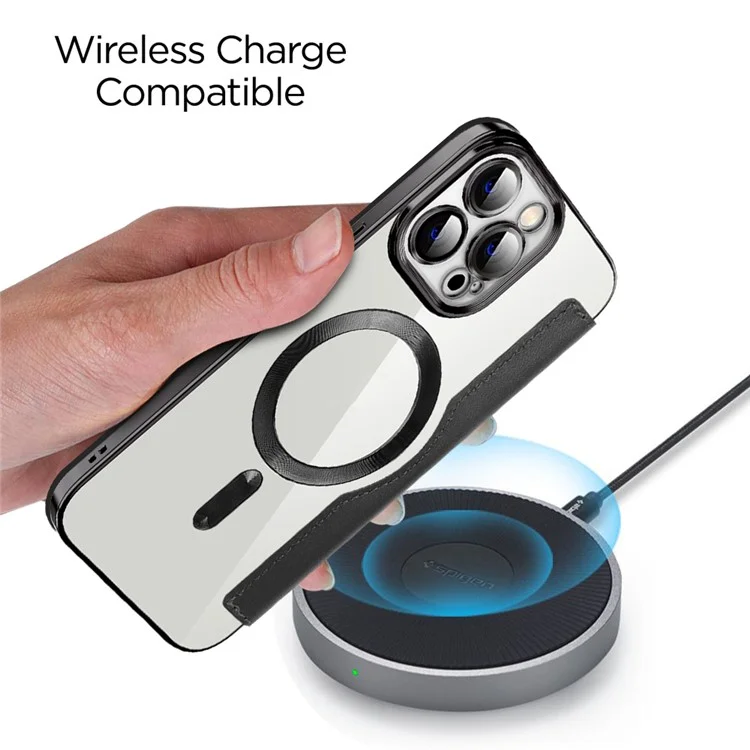 Pour iPhone 13 Pro Max 6,7 pouces Compatible avec MagSafe RFID Blocking Card Slots Bump Proof PU Leather+TPU Electroplating Clear Back Flip Case with Lens Film - Noir