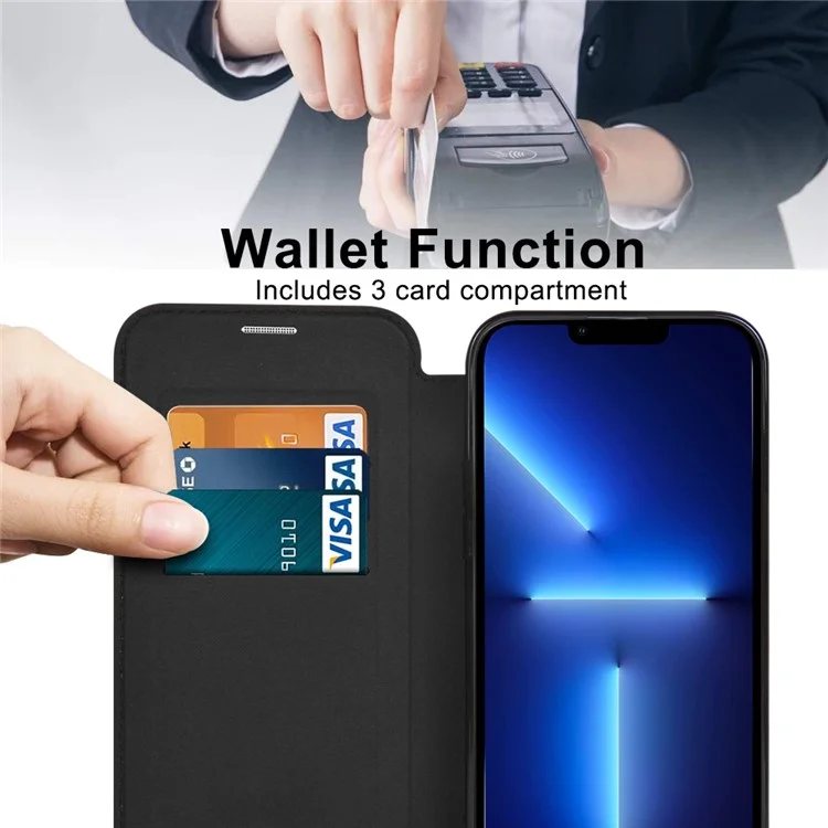 Pour iPhone 13 Pro Max 6,7 pouces Compatible avec MagSafe RFID Blocking Card Slots Bump Proof PU Leather+TPU Electroplating Clear Back Flip Case with Lens Film - Noir