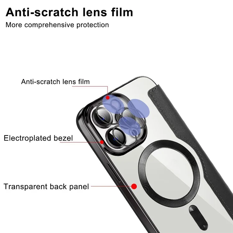 Pour iPhone 13 Pro Max 6,7 pouces Compatible avec MagSafe RFID Blocking Card Slots Bump Proof PU Leather+TPU Electroplating Clear Back Flip Case with Lens Film - Noir