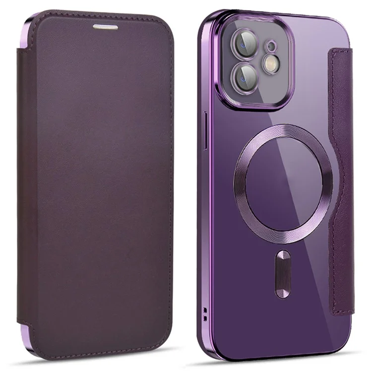 Phone Cover for iPhone 12 6.1 inch, Compatible with MagSafe RFID Blocking Card Slots Full Protection PU Leather+TPU Electroplating Clear Back Flip Case with Lens Film - Purple