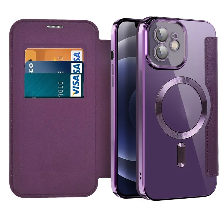 Phone Cover for iPhone 12 6.1 inch, Compatible with MagSafe RFID Blocking Card Slots Full Protection PU Leather+TPU Electroplating Clear Back Flip Case with Lens Film - Purple