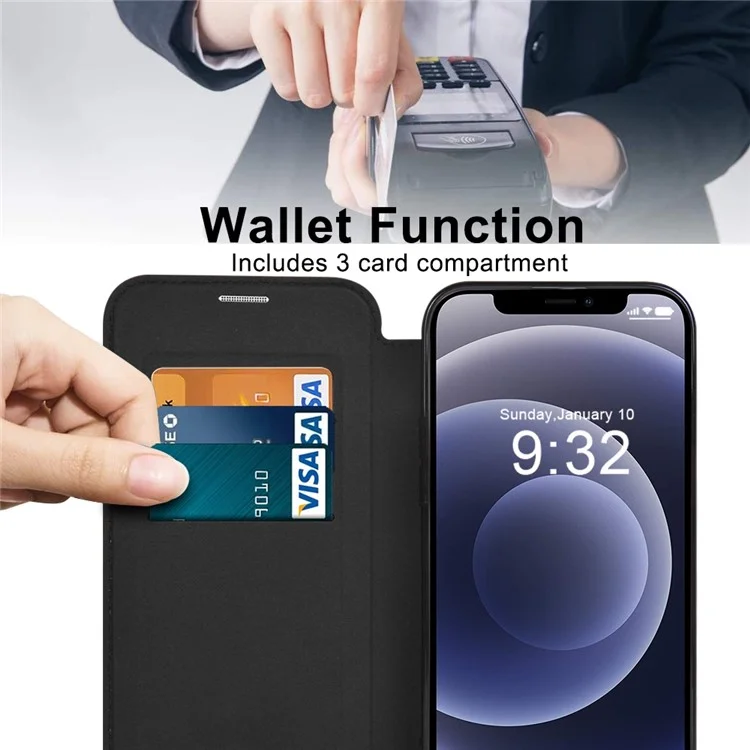 Phone Cover for iPhone 12 6.1 inch, Compatible with MagSafe RFID Blocking Card Slots Full Protection PU Leather+TPU Electroplating Clear Back Flip Case with Lens Film - Purple