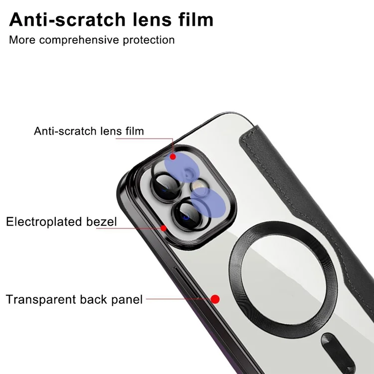 Phone Cover for iPhone 12 6.1 inch, Compatible with MagSafe RFID Blocking Card Slots Full Protection PU Leather+TPU Electroplating Clear Back Flip Case with Lens Film - Purple