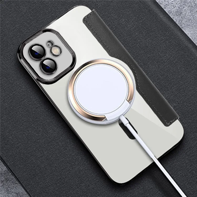 Phone Cover for iPhone 12 6.1 inch, Compatible with MagSafe RFID Blocking Card Slots Full Protection PU Leather+TPU Electroplating Clear Back Flip Case with Lens Film - Purple