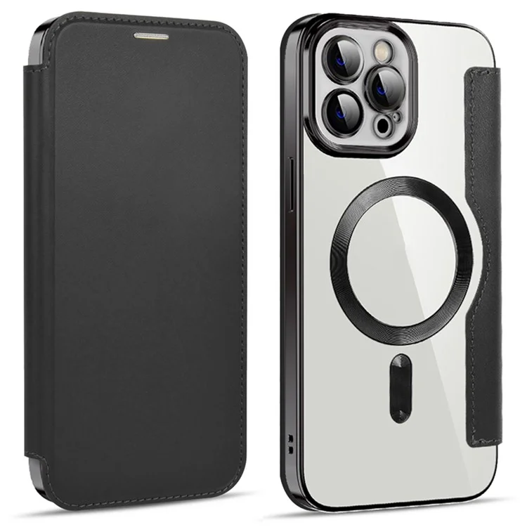 Phone Cover for iPhone 12 Pro 6.1 inch, Compatible with MagSafe RFID Blocking Card Slots Well-protected PU Leather+TPU Electroplating Clear Back Flip Case with Lens Film - Black