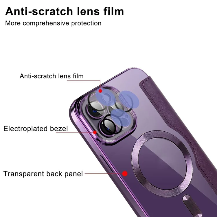Phone Cover for iPhone 12 Pro 6.1 inch, Compatible with MagSafe RFID Blocking Card Slots Well-protected PU Leather+TPU Electroplating Clear Back Flip Case with Lens Film - Black
