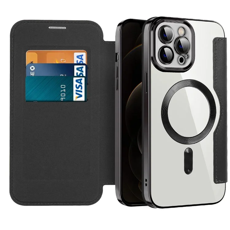 Phone Cover for iPhone 12 Pro 6.1 inch, Compatible with MagSafe RFID Blocking Card Slots Well-protected PU Leather+TPU Electroplating Clear Back Flip Case with Lens Film - Black