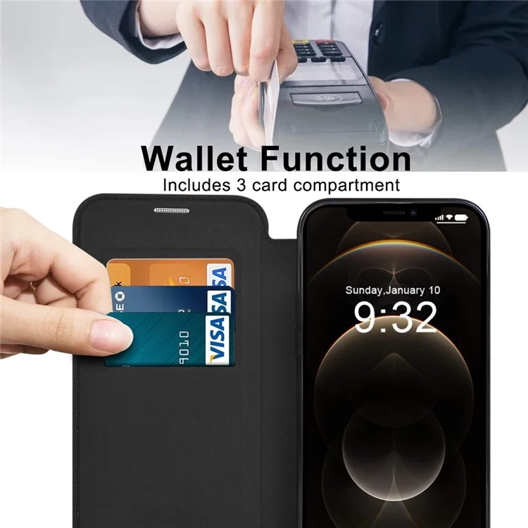 Phone Cover for iPhone 12 Pro 6.1 inch, Compatible with MagSafe RFID Blocking Card Slots Well-protected PU Leather+TPU Electroplating Clear Back Flip Case with Lens Film - Black