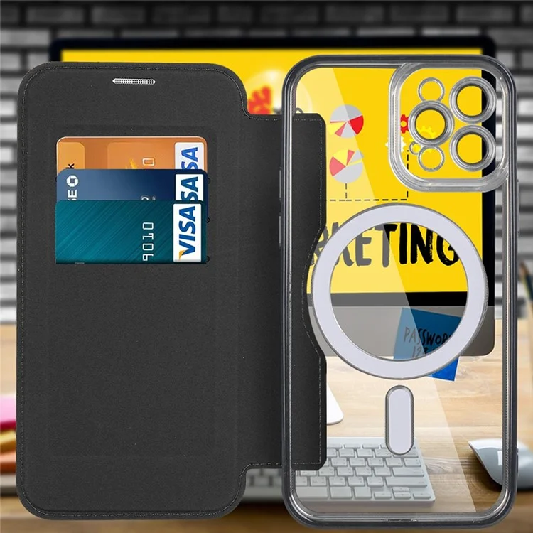 Phone Cover for iPhone 12 Pro 6.1 inch, Compatible with MagSafe RFID Blocking Card Slots Well-protected PU Leather+TPU Electroplating Clear Back Flip Case with Lens Film - Black