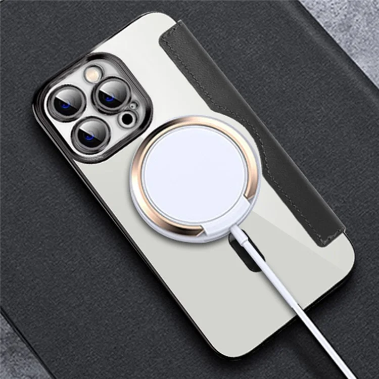 Phone Cover for iPhone 12 Pro 6.1 inch, Compatible with MagSafe RFID Blocking Card Slots Well-protected PU Leather+TPU Electroplating Clear Back Flip Case with Lens Film - Black