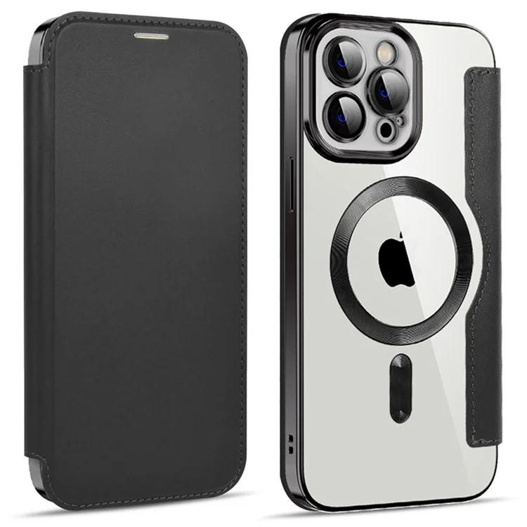 Phone Cover for iPhone 12 Pro Max 6.7 inch, Compatible with MagSafe RFID Blocking Card Slots Full Coverage PU Leather+TPU Electroplating Clear Back Flip Case with Lens Film - Black