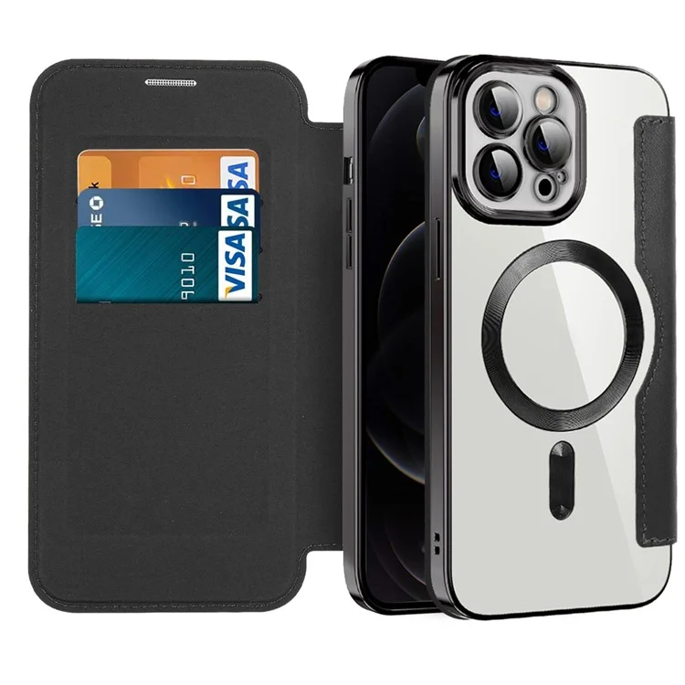 Phone Cover for iPhone 12 Pro Max 6.7 inch, Compatible with MagSafe RFID Blocking Card Slots Full Coverage PU Leather+TPU Electroplating Clear Back Flip Case with Lens Film - Black