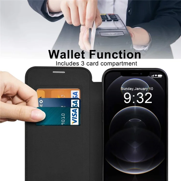 Phone Cover for iPhone 12 Pro Max 6.7 inch, Compatible with MagSafe RFID Blocking Card Slots Full Coverage PU Leather+TPU Electroplating Clear Back Flip Case with Lens Film - Black