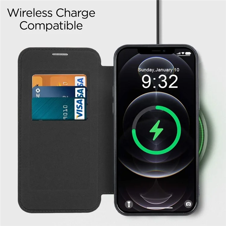 Phone Cover for iPhone 12 Pro Max 6.7 inch, Compatible with MagSafe RFID Blocking Card Slots Full Coverage PU Leather+TPU Electroplating Clear Back Flip Case with Lens Film - Black