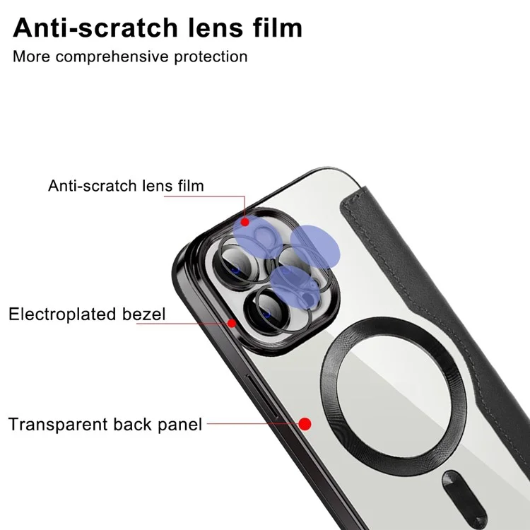 Phone Cover for iPhone 12 Pro Max 6.7 inch, Compatible with MagSafe RFID Blocking Card Slots Full Coverage PU Leather+TPU Electroplating Clear Back Flip Case with Lens Film - Black