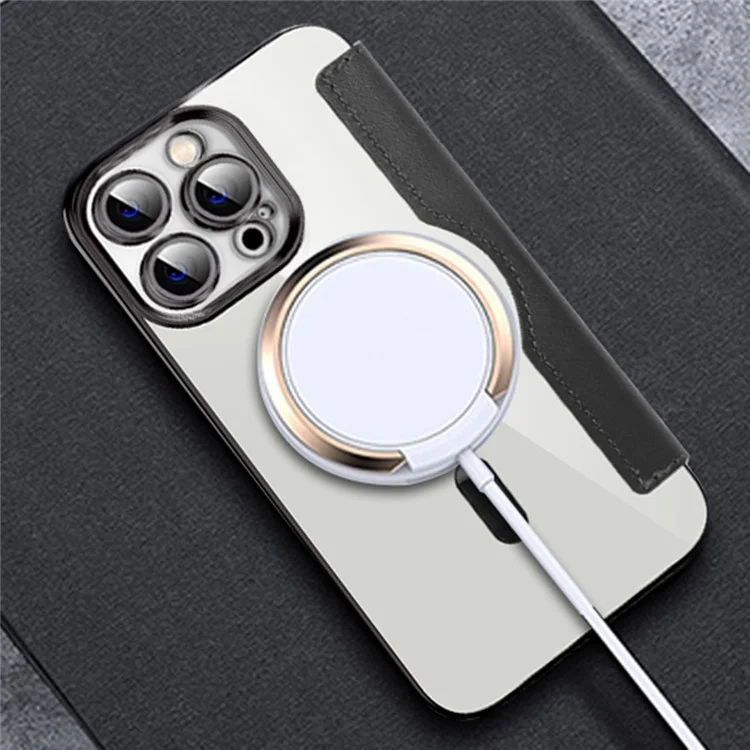 Phone Cover for iPhone 12 Pro Max 6.7 inch, Compatible with MagSafe RFID Blocking Card Slots Full Coverage PU Leather+TPU Electroplating Clear Back Flip Case with Lens Film - Black