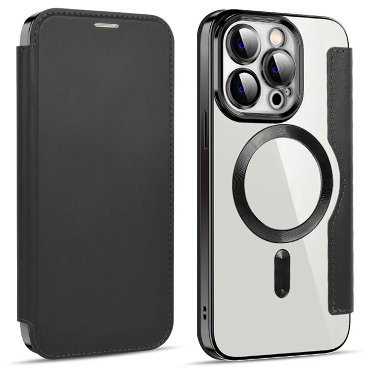 Phone Cover for iPhone 14 Pro, Compatible with MagSafe RFID Blocking Card Slots Fully Wrapped PU Leather+TPU Electroplating Clear Back Flip Case with Lens Film - Black