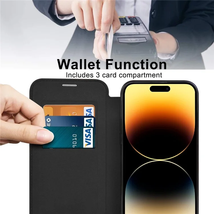 Phone Cover for iPhone 14 Pro, Compatible with MagSafe RFID Blocking Card Slots Fully Wrapped PU Leather+TPU Electroplating Clear Back Flip Case with Lens Film - Black