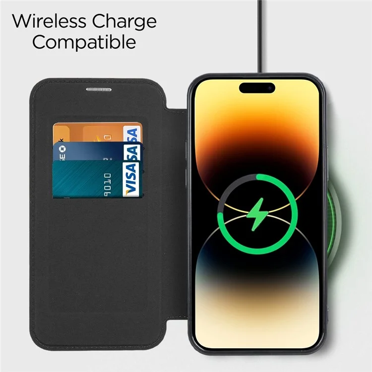 Phone Cover for iPhone 14 Pro, Compatible with MagSafe RFID Blocking Card Slots Fully Wrapped PU Leather+TPU Electroplating Clear Back Flip Case with Lens Film - Black