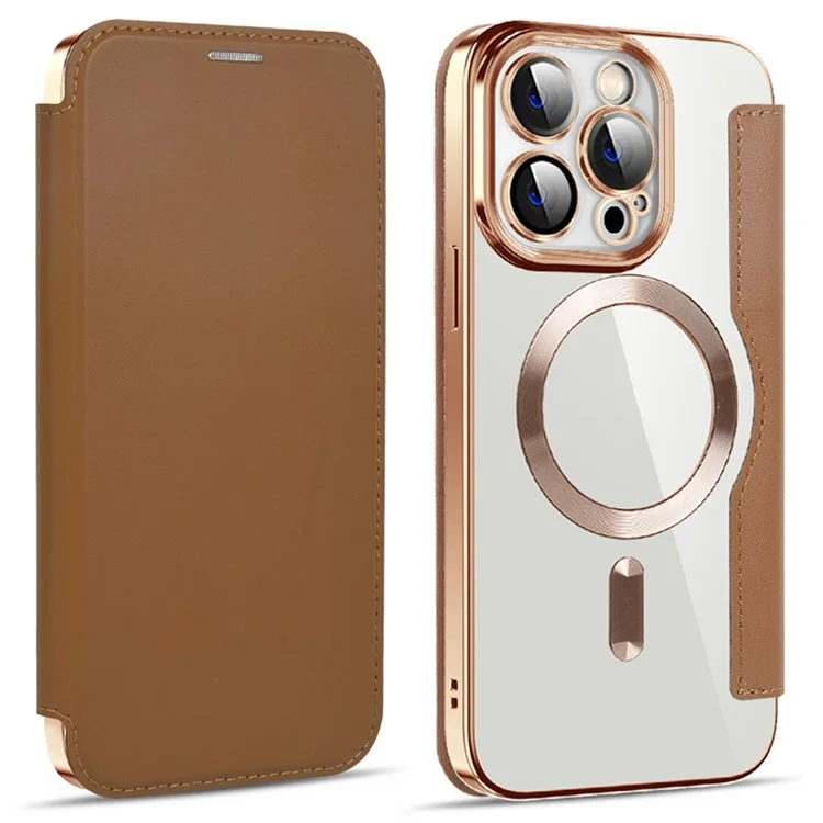 Handyhülle für iPhone 14 Pro, kompatibel mit MagSafe RFID-blockierenden Kartenfächern, komplett umhüllte PU-Leder+TPU-Elektroplattierung, klare Rückseite, Flip-Hülle mit Objektivfilm - Braun