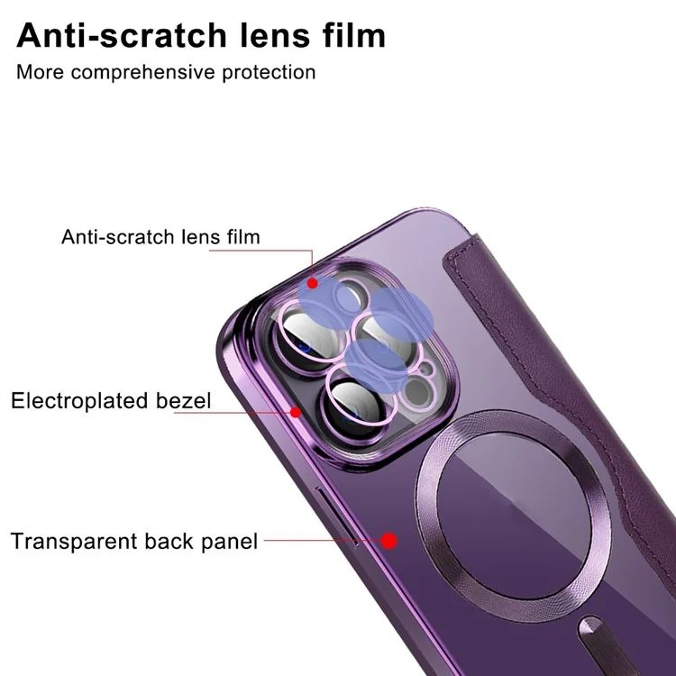Handyhülle für iPhone 14 Pro, kompatibel mit MagSafe RFID-blockierenden Kartenfächern, komplett umhüllte PU-Leder+TPU-Elektroplattierung, klare Rückseite, Flip-Hülle mit Objektivfilm - Braun