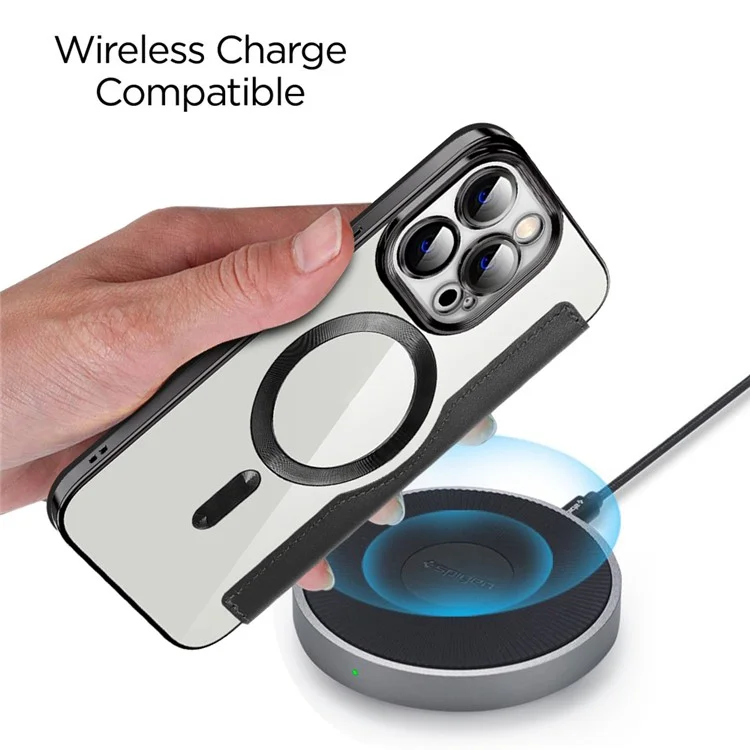 Handyhülle für iPhone 14 Pro, kompatibel mit MagSafe RFID-blockierenden Kartenfächern, komplett umhüllte PU-Leder+TPU-Elektroplattierung, klare Rückseite, Flip-Hülle mit Objektivfilm - Braun