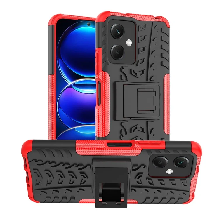For Xiaomi Redmi Note 12 5G (Global) / (India) / (China) / Poco X5 5G Hard PC+TPU Rugged Tire Pattern Shock-absorbing Phone Case Kickstand Back Cover - Red