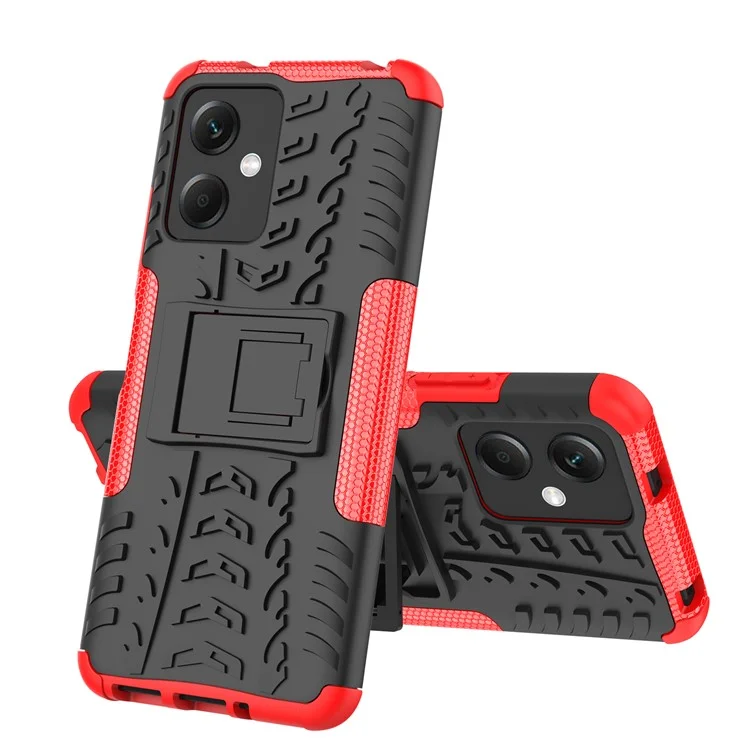 For Xiaomi Redmi Note 12 5G (Global) / (India) / (China) / Poco X5 5G Hard PC+TPU Rugged Tire Pattern Shock-absorbing Phone Case Kickstand Back Cover - Red