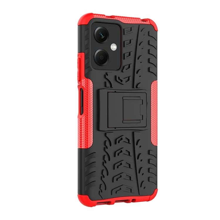 For Xiaomi Redmi Note 12 5G (Global) / (India) / (China) / Poco X5 5G Hard PC+TPU Rugged Tire Pattern Shock-absorbing Phone Case Kickstand Back Cover - Red