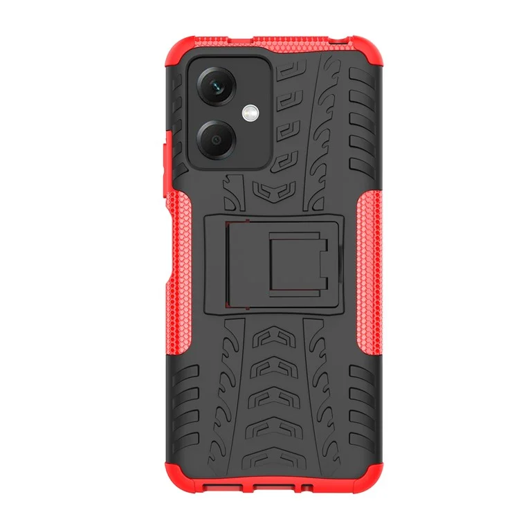 For Xiaomi Redmi Note 12 5G (Global) / (India) / (China) / Poco X5 5G Hard PC+TPU Rugged Tire Pattern Shock-absorbing Phone Case Kickstand Back Cover - Red