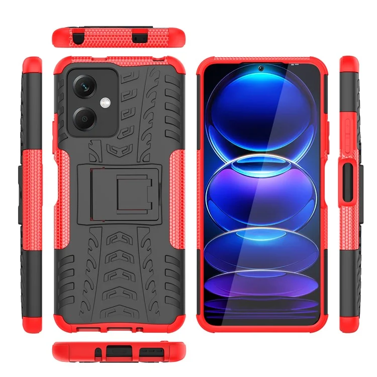 For Xiaomi Redmi Note 12 5G (Global) / (India) / (China) / Poco X5 5G Hard PC+TPU Rugged Tire Pattern Shock-absorbing Phone Case Kickstand Back Cover - Red