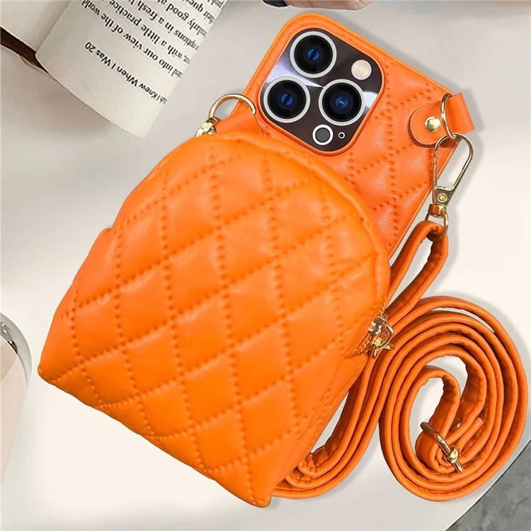 For iPhone 13 Pro Max 6.7 inch Imprinted Rhombus Pattern Detachable Card Holder Phone Case PU Leather Coated PC Crossbody Zipper Purse Cover with Shoulder Strap - Orange