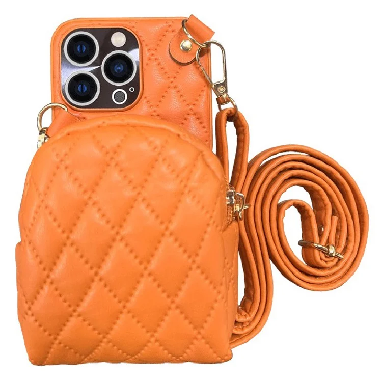 For iPhone 12 Pro Max 6.7 inch PU Leather Coated PC Crossbody Bag Imprinted Rhombus Pattern Card Holder Zipper Phone Cover with Shoulder Strap - Orange
