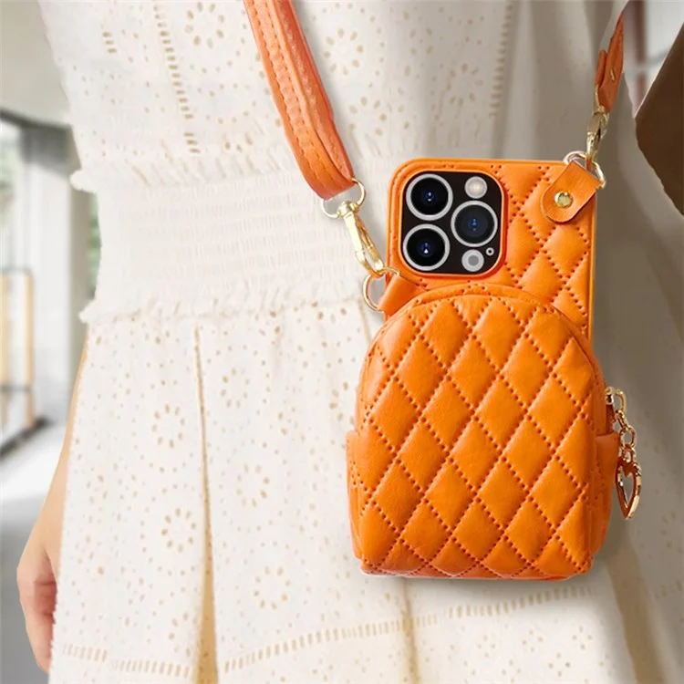 For iPhone 12 Pro Max 6.7 inch PU Leather Coated PC Crossbody Bag Imprinted Rhombus Pattern Card Holder Zipper Phone Cover with Shoulder Strap - Orange