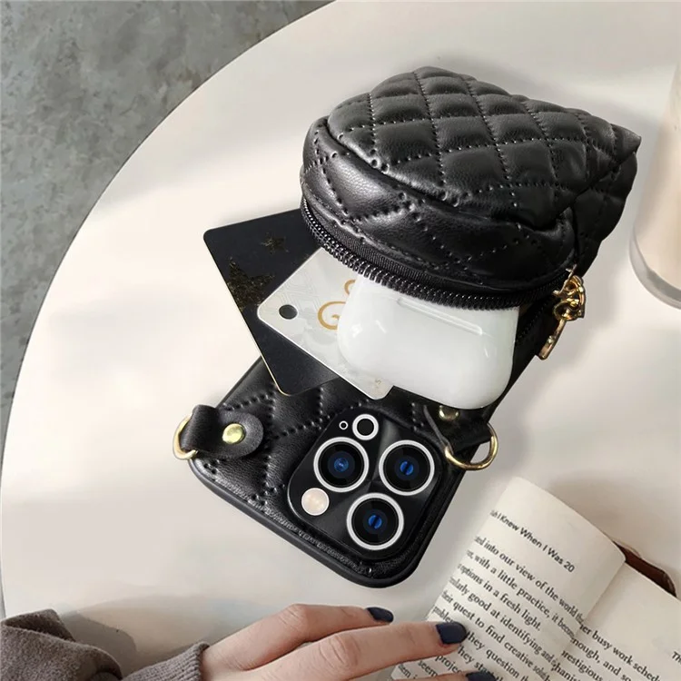 For iPhone 12 Pro Max 6.7 inch PU Leather Coated PC Crossbody Bag Imprinted Rhombus Pattern Card Holder Zipper Phone Cover with Shoulder Strap - Orange