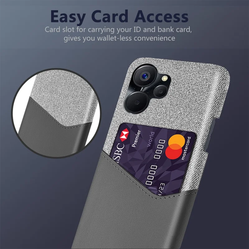 For Realme 10 5G / 9i 5G Phone Case Cloth+PU Leather+PC Scratch-resistant Shockproof Cell Phone Cover with Card Slot - Grey