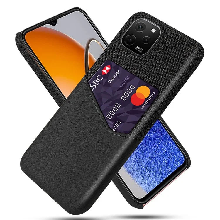 Für Huawei nova Y61 4G Cloth Texture Card Holder Phone Case Anti-drop PU Leather Coated Hard PC Cover - Schwarz