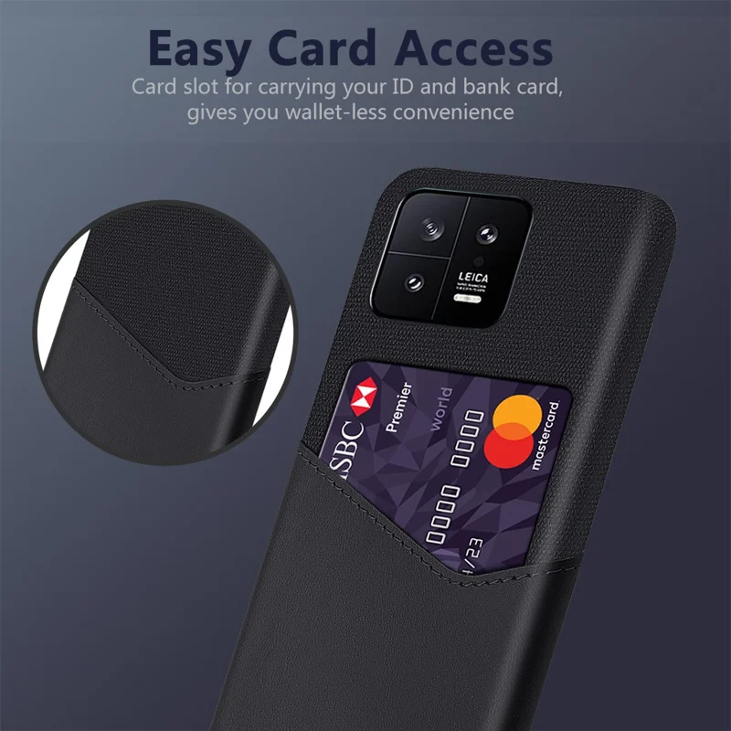 Kartenhalter-Handyhülle für Xiaomi 13 5G, Stoffstruktur PU-Leder beschichtet Hartkunststoff-Schutzhülle - Schwarz