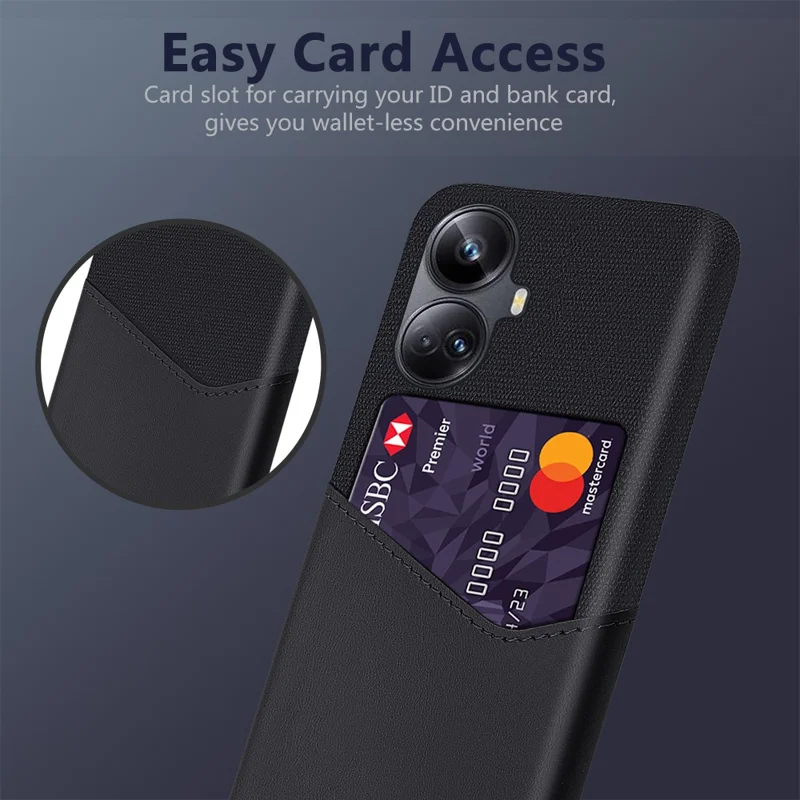 For Realme 10 Pro+ 5G Card Holder PU Leather Coated PC Back Case Cloth Texture Phone Cover - Black