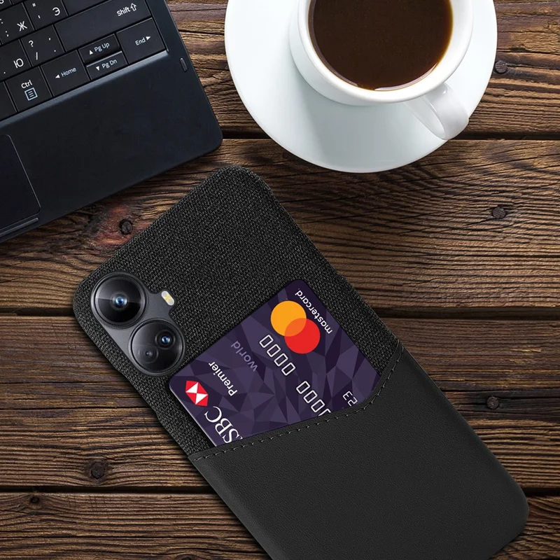 For Realme 10 Pro+ 5G Card Holder PU Leather Coated PC Back Case Cloth Texture Phone Cover - Black