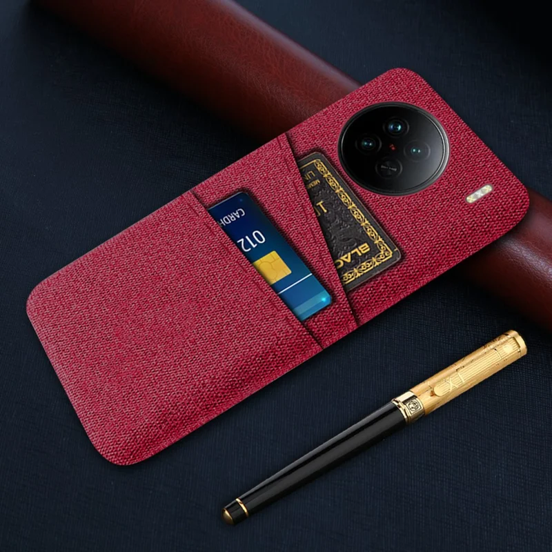 For vivo X90 5G Anti-scratch Cloth Texture Phone Case Protective PC Cover with Dual Card Slots - Red