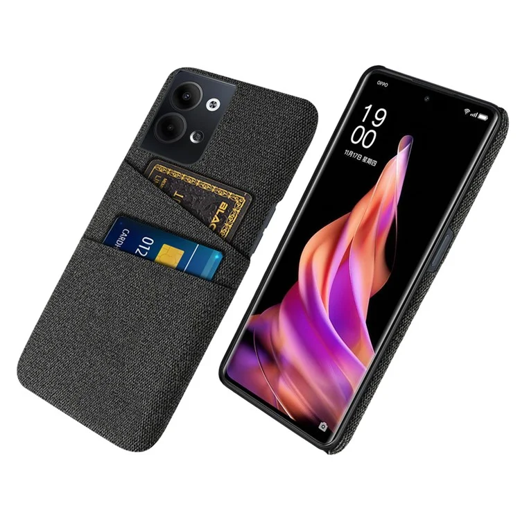 For Oppo Reno9 5G Dual Card Slots Shockproof Cell Phone Case Cloth Texture Hard PC Protective Cover - Black