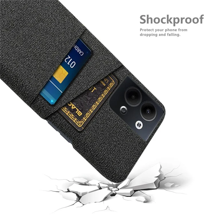 For Oppo Reno9 5G Dual Card Slots Shockproof Cell Phone Case Cloth Texture Hard PC Protective Cover - Black