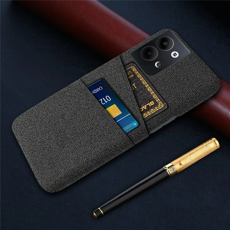 For Oppo Reno9 5G Dual Card Slots Shockproof Cell Phone Case Cloth Texture Hard PC Protective Cover - Black