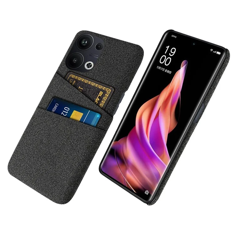 Для Oppo Reno9 Pro+ 5G Чехол для телефона с тканевой текстурой и двумя слотами для карт, противоударный жесткий пластиковый задний чехол - черный