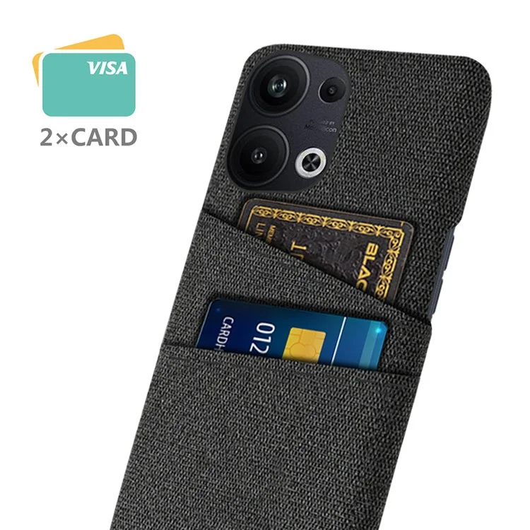 Для Oppo Reno9 Pro+ 5G Чехол для телефона с тканевой текстурой и двумя слотами для карт, противоударный жесткий пластиковый задний чехол - черный