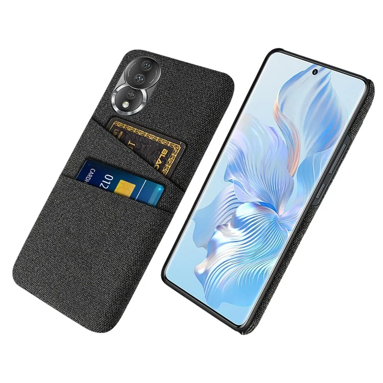 Funda de teléfono con textura de tela para Honor 80 5G, con ranuras para dos tarjetas, protección antiarañazos de PC - Negro