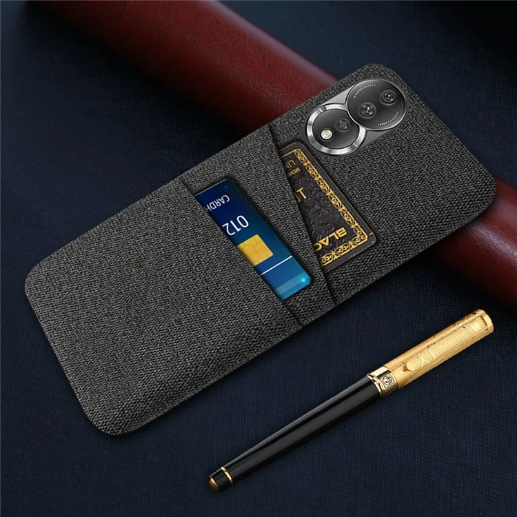 Funda de teléfono con textura de tela para Honor 80 5G, con ranuras para dos tarjetas, protección antiarañazos de PC - Negro