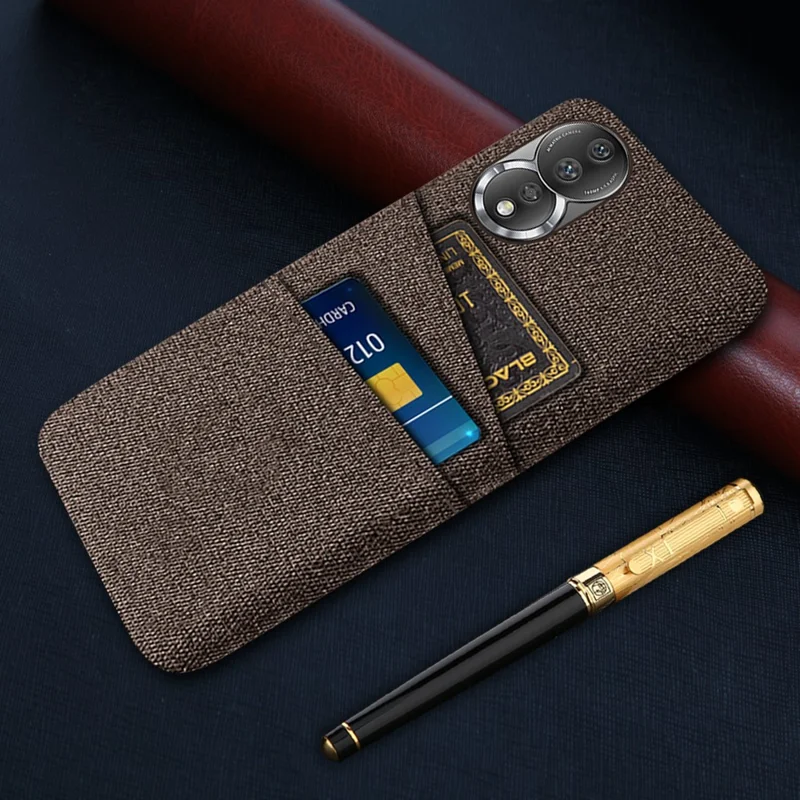 Cloth Texture Phone Case for Honor 80 5G, Dual Card Slots Anti-scratch PC Protective Cover - Brown