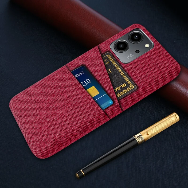 For Honor 80 SE 5G Cloth Texture Phone Case Dual Card Slots Well-protected Hard PC Back Cover - Red